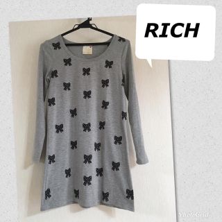 リッチ(rich)のRICH リッチ リボン柄 グレー 長袖ワンピース(ミニワンピース)