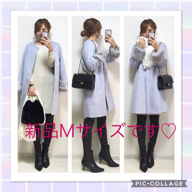 ♡新品 GU ファー付きノーカラーコートM♡ファー付きコート水色