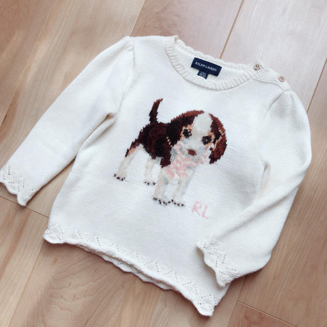 Ralph Lauren(ラルフローレン)の【美品】90ラルフローレン 長袖ニットセーター 白 犬 綿100 キッズ/ベビー/マタニティのキッズ服女の子用(90cm~)(ニット)の商品写真