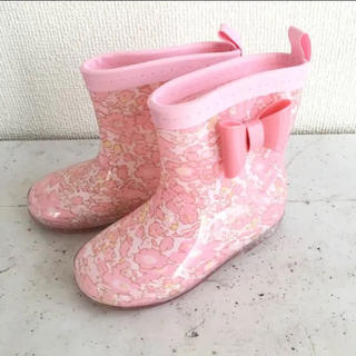 16㎝  女の子長靴 リボン付きレインシューズ 雨具 花柄 ピンク(長靴/レインシューズ)