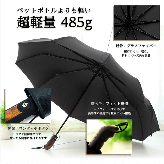新品 自動開閉 折り畳み傘 高級木製仕様 10本傘 大型106㎝ 漆黒 メンズのファッション小物(傘)の商品写真