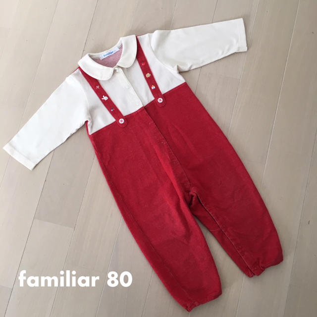 familiar(ファミリア)の♡familiar♡ファミリア ロンパース 80 赤 デニム風 キッズ/ベビー/マタニティのベビー服(~85cm)(ロンパース)の商品写真