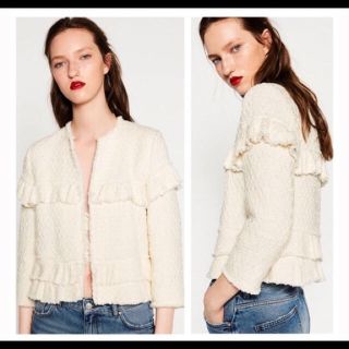 ザラ(ZARA)のZARA購入) ラッフル フリルのジャケット XS ホワイト 白(ノーカラージャケット)