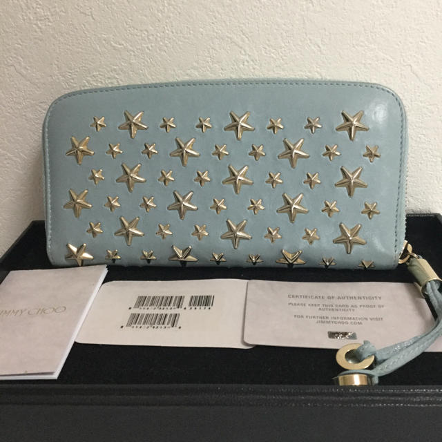 カラーアイスブルーゴールド【JIMMY CHOO】レザースタッズラウンドファスナー長財布✨専用☆