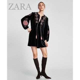 ザラ(ZARA)のsale!新品タグ付☆ZARAザラ☆刺繍入りフリンジベロアドレス(ミニワンピース)