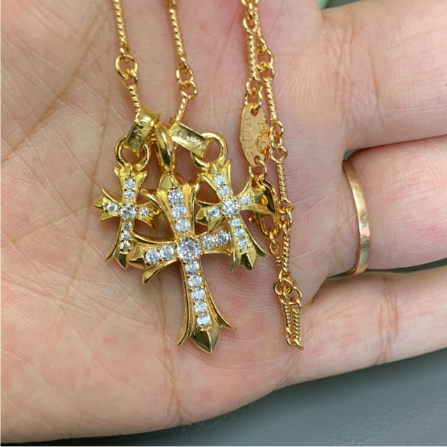 22k gp加工、3連 クロスネックレス、クロムハーツ好きに 22k gp加工、3連 クロスネックレス、クロムハーツ好きに