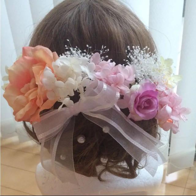 ヘッドドレス♡髪飾り かすみ草♡オレンジ♡ピンク ハンドメイドのウェディング(ヘッドドレス/ドレス)の商品写真