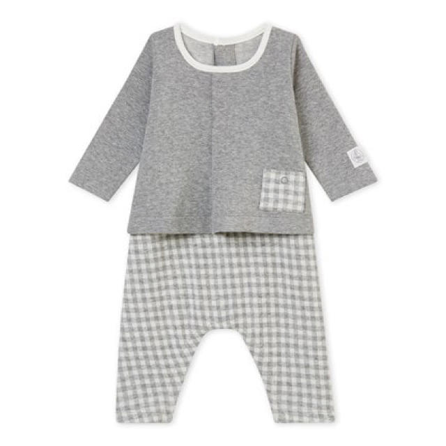 PETIT BATEAU(プチバトー)の新品 プチバトー チェック ロンパース  6m グレー 3m 12m キッズ/ベビー/マタニティのベビー服(~85cm)(カバーオール)の商品写真