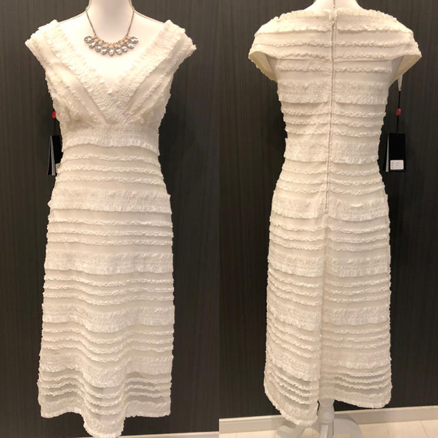 新品 Tadashi shoji タダシショージ ホワイト フリル ドレス ミディアムドレス