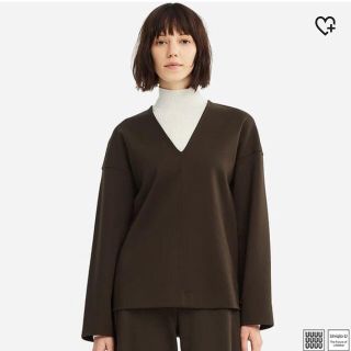 ユニクロ(UNIQLO)のダークブラウン S ポンチVネックプルオーバー ユニクロ ルメール ユニクロユー(カットソー(長袖/七分))