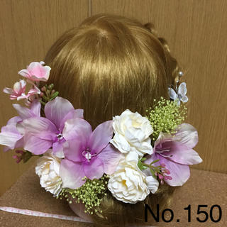 No.150 華やか♡ 緑プリザかすみ草入り ナチュラル フラワーピン(ヘッドドレス/ドレス)