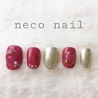 neconail No.49 ワインレッド・ゴールド秋冬ネイル♡ベリーショート