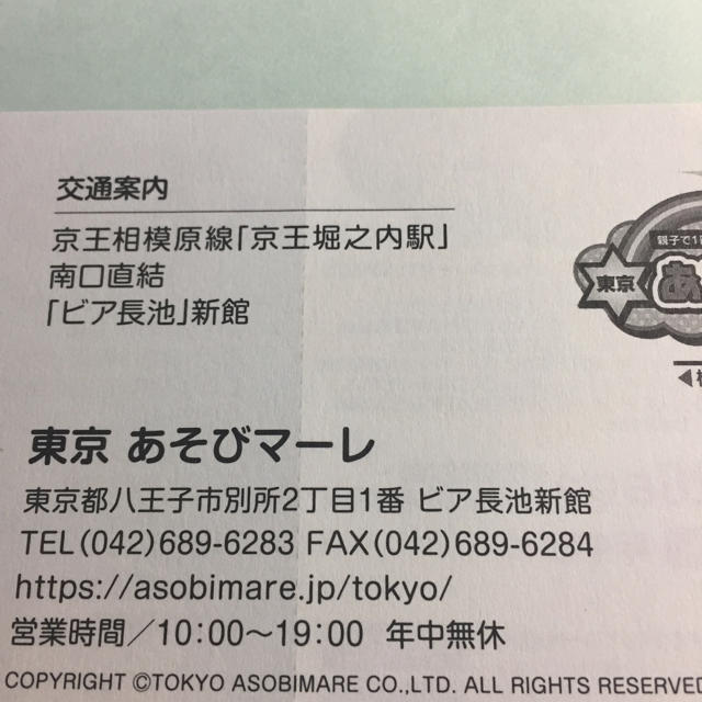 東京あそびマーレ 入場券2枚 チケットの施設利用券(遊園地/テーマパーク)の商品写真
