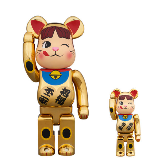 不二家(フジヤ)のBE@RBRICK 招き猫 ペコちゃん 金メッキ 弐 100％ ＆ 400％ エンタメ/ホビーのフィギュア(その他)の商品写真