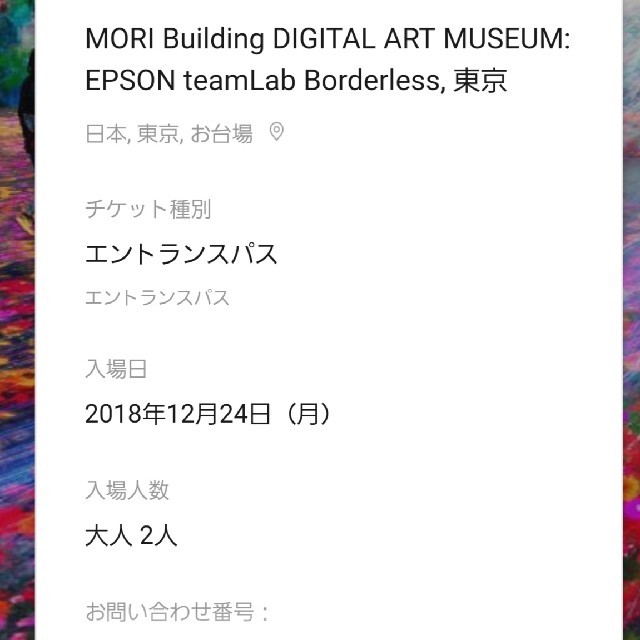 チームラボ　ボーダレス(お台場)大人２枚　12/24(月) チケットの施設利用券(遊園地/テーマパーク)の商品写真