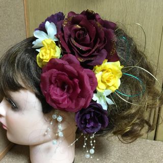 No.159 豪華！ ワイン×黄色×ダークパープル フラワーピン(ヘアピン)