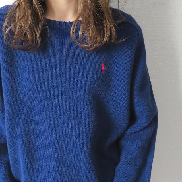 POLO RALPH LAUREN(ポロラルフローレン)のラルフローレン コットン ニット ポニー刺繍 ネイビーブルー vintage レディースのトップス(ニット/セーター)の商品写真