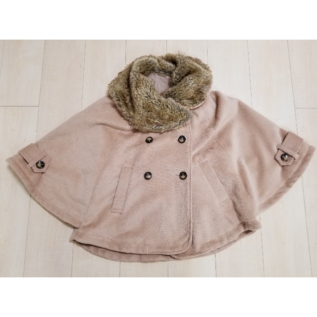 23-2758【ランバン】ファーフード付きポンチョ/ケープ ベージュ 美品-