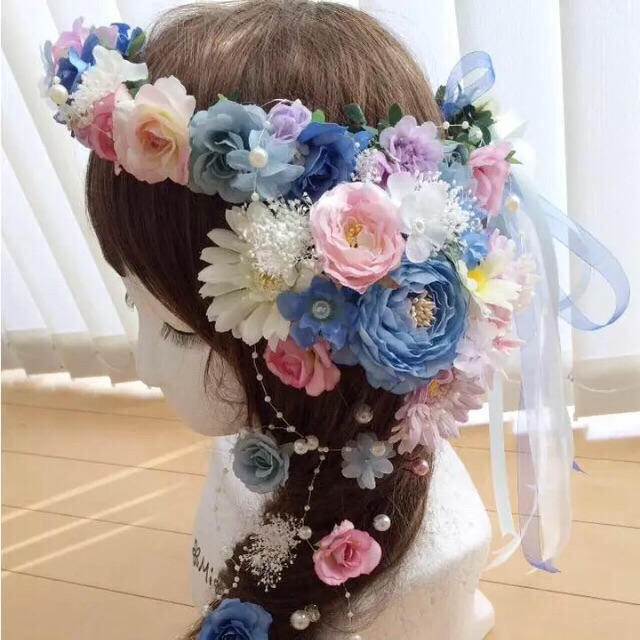 ヘッドドレス 花かんむり♡リストレット♡髪飾り 青 ハンドメイドのウェディング(ヘッドドレス/ドレス)の商品写真