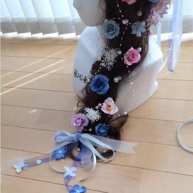 ヘッドドレス 花かんむり♡リストレット♡髪飾り 青 ハンドメイドのウェディング(ヘッドドレス/ドレス)の商品写真