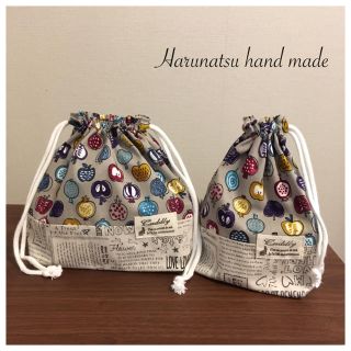 ♡18【ハンドメイド】りんご柄×英字 お弁当袋 コップ袋(外出用品)