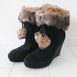 ナインウエスト(NINE WEST)のナインウエスト エコファー ブーツ ウェッジ 黒 24.5センチ(ブーツ)