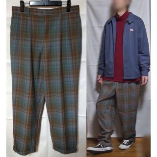 サカイ(sacai)の一点物古着 2タック ウール ワイドパンツ 緑 茶 グレー系 チェック(スラックス)