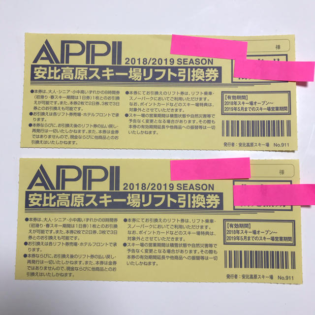 安比 APPI 安比高原スキー場 一日リフト券 2枚セット