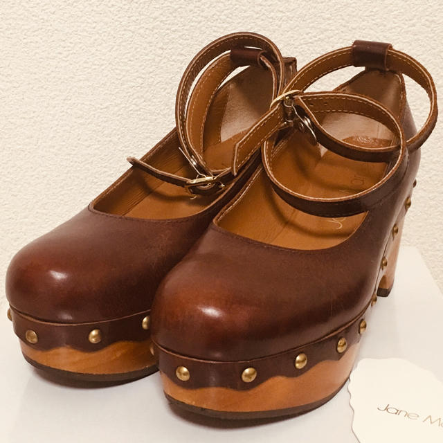 ウッドソールのビジュートリミングシューズ ブラウン S 箱タグ付