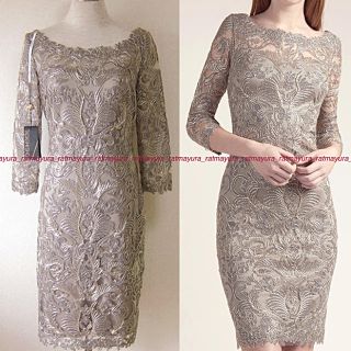 タダシショウジ(TADASHI SHOJI)のTADASHI SHOJIコード刺繍七分袖ドレスワンピース*オリーブXゴールド4(ひざ丈ワンピース)