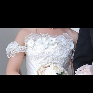 純白 9号 ウェディングドレス パニエ&トレーン&髪飾り&袖飾り付き(ウェディングドレス)