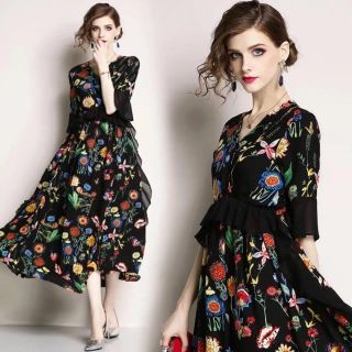 レトロガーリー❤️ボヘミアン花柄ワンポイントフリルロングドレスワンピース(ロングワンピース/マキシワンピース)