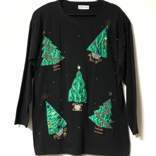 ヴィクトリアズシークレット(Victoria's Secret)のクリスマス アップリケとビーズのブラックTシャツ(シャツ/ブラウス(長袖/七分))