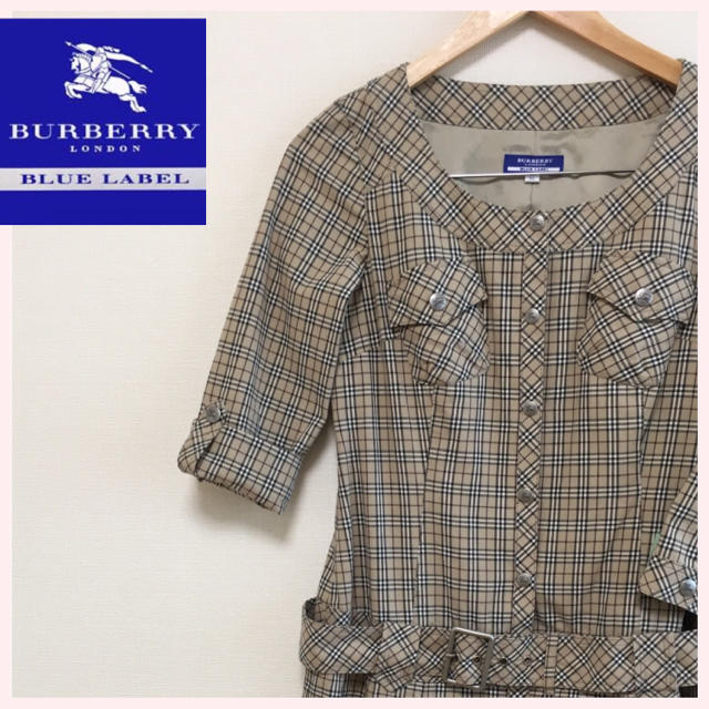 BURBERRY BLUE LABEL(バーバリーブルーレーベル)の美品 バーバリー 総柄 ワンピース ベルト付き プリーツ チェック 日本製 レディースのワンピース(ひざ丈ワンピース)の商品写真