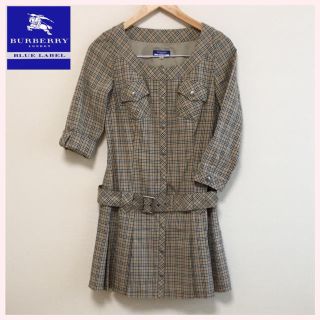 バーバリーブルーレーベル(BURBERRY BLUE LABEL)の美品 バーバリー 総柄 ワンピース ベルト付き プリーツ チェック 日本製(ひざ丈ワンピース)