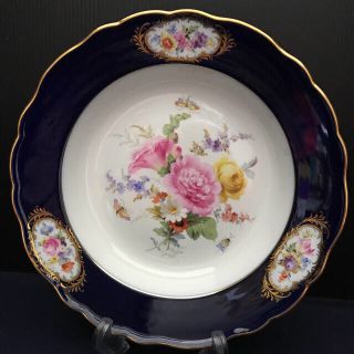 マイセン(MEISSEN)の【古マイセン】フラワーブーケと昆虫／コバルト 金彩 ３つ窓 スーププレート飾り皿(食器)