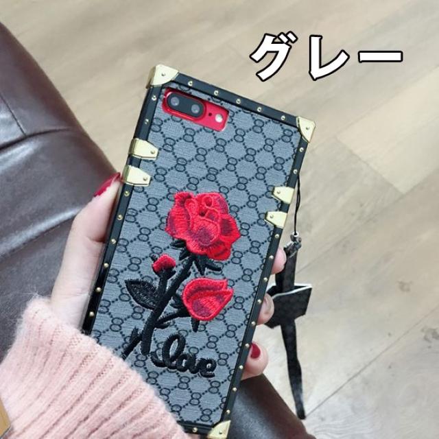 【iPhone 8】グレー スクエアデザイン バラ 刺繍 モノグラム スマホ/家電/カメラのスマホアクセサリー(iPhoneケース)の商品写真