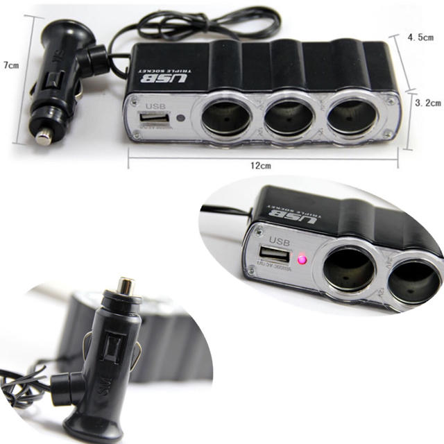 シガーソケット　３連増設　USB変換付き　car-08 自動車/バイクの自動車(車内アクセサリ)の商品写真