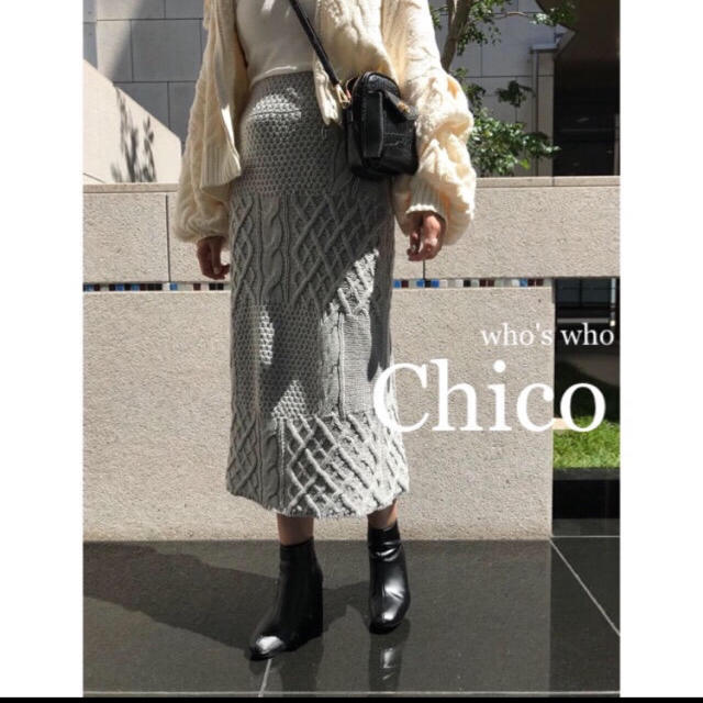 who's who Chico(フーズフーチコ)のパネルケーブルニットロングスカート レディースのスカート(ロングスカート)の商品写真