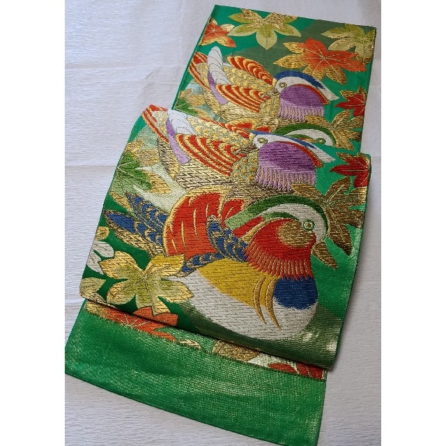 袋帯(未仕立て)緑　鴛鴦　葉　金糸　唐織り　六通