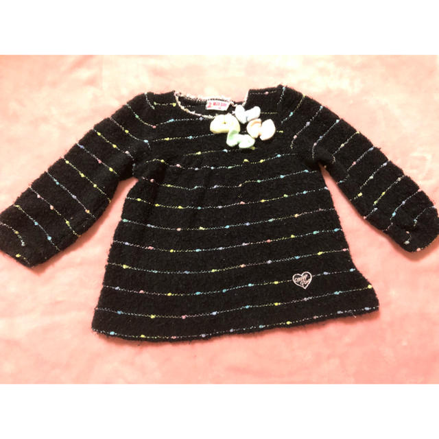 mezzo piano(メゾピアノ)のmezzo piano カラフルボーダー黒色ニット キッズ/ベビー/マタニティのキッズ服女の子用(90cm~)(ニット)の商品写真