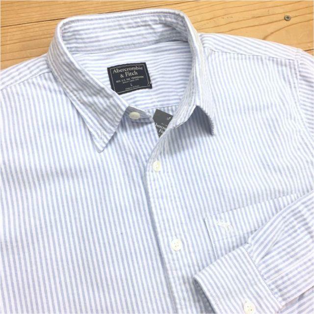 Abercrombie&Fitch(アバクロンビーアンドフィッチ)の新品【メンズL】★アバクロ★厚手生地！ウォッシュ加工ストライプ長袖シャツ/白青 メンズのトップス(シャツ)の商品写真