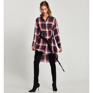 ザラ(ZARA)の1点のみ ザラ チェック ワンピ リボン ベルト付き シャツ ドレス ブーツ(ひざ丈ワンピース)