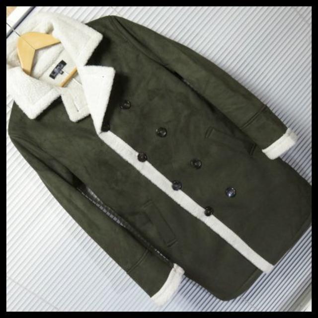 M 新品 フェイクムートン裏ボアロングＰコートKHAKI メンズのジャケット/アウター(ピーコート)の商品写真