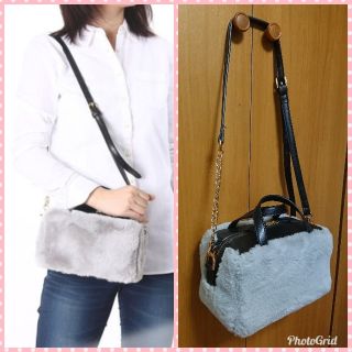 カシュカシュ(Cache Cache)の【美品】カシュカシュ♡フェイクファーボックス型2wayミニボストンバッグ(グレー(ショルダーバッグ)