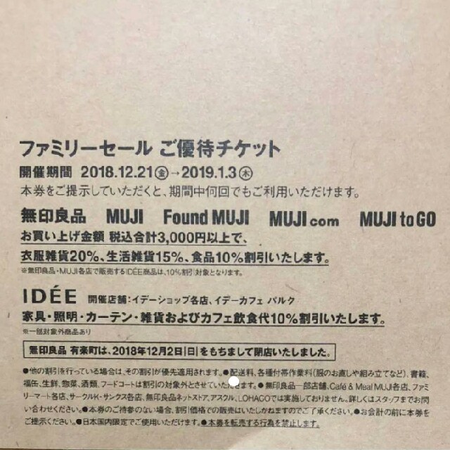 MUJI (無印良品)(ムジルシリョウヒン)の無印良品 ファミリーセール ご優待チケット チケットの優待券/割引券(ショッピング)の商品写真