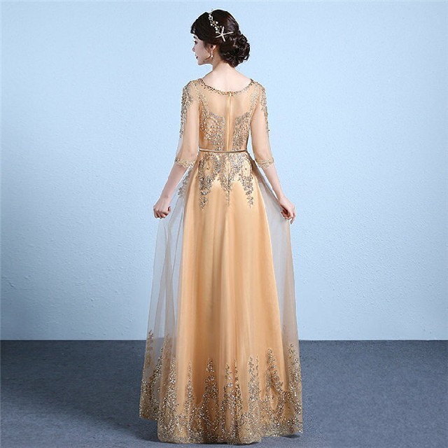 ドレス ロング ワンピース ラメ ゴールド 袖あり レディースのフォーマル/ドレス(ロングドレス)の商品写真