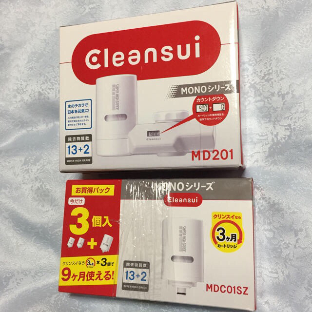 三菱(ミツビシ)のクリンスイ MONO シリーズ MD201 本体とカートリッジ3個 新品 未開封 インテリア/住まい/日用品のキッチン/食器(浄水機)の商品写真