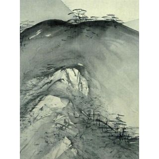 掛軸 狩野派直系 稲川光風『水墨山水』絹本 共箱 二重箱付 掛け軸