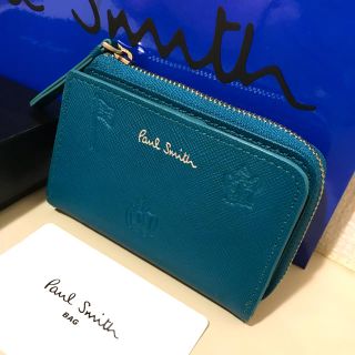 新品本革 ポールスミス ターコイズブルー 型押しキーケース&コイン